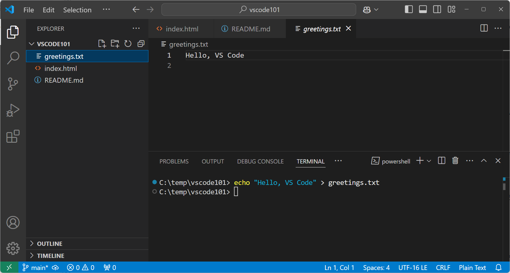 VS Code med filträdet till vänster, en öppen textfil i mitten och en terminal längst ner