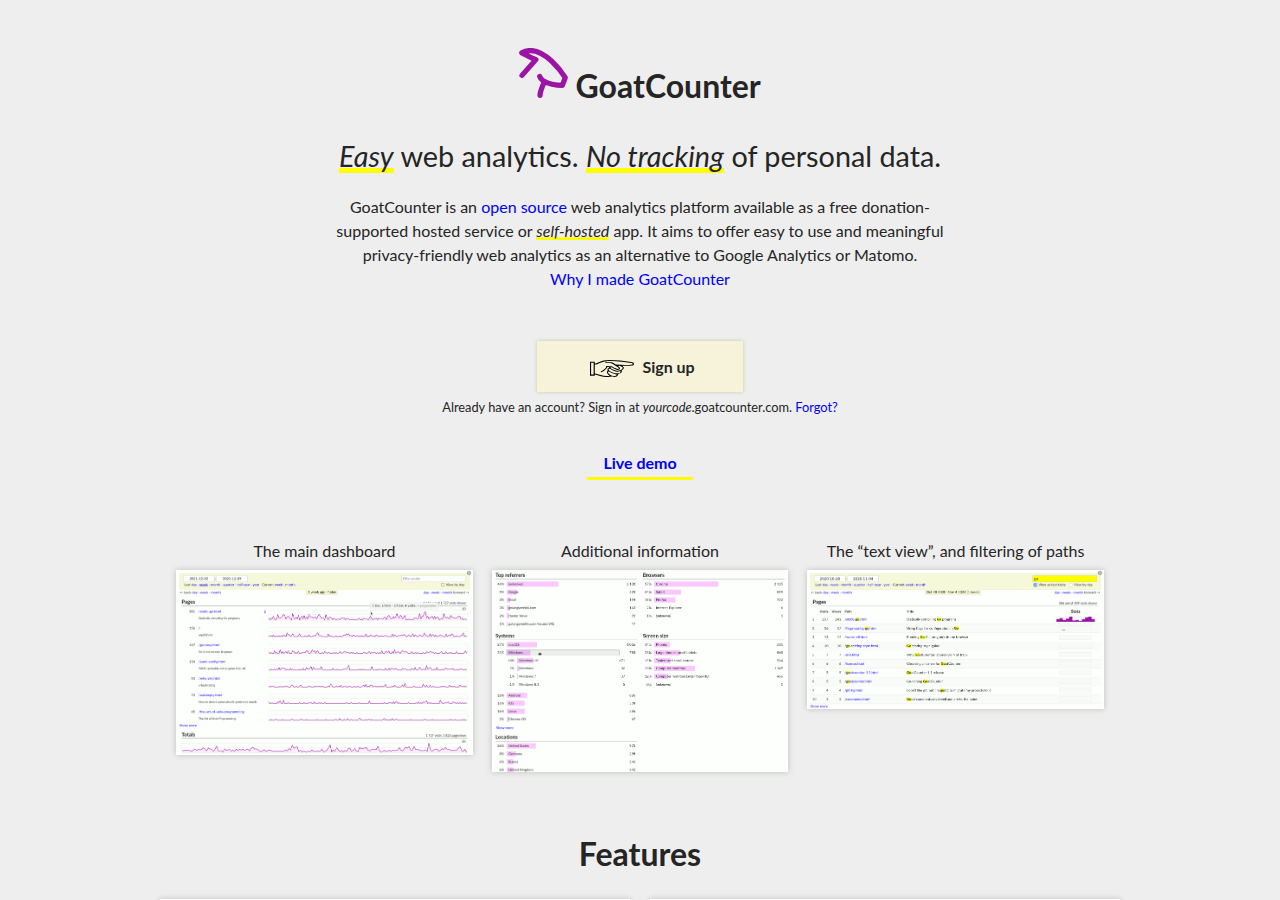 Skärmdump av GoatCounter